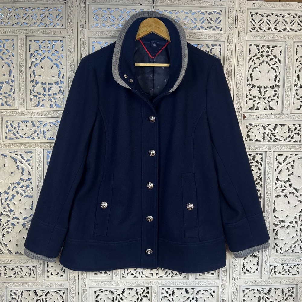 Tommy Hilfiger‎ Wool Blend Navy Blue Military Nautical Coat Sz Womens XL